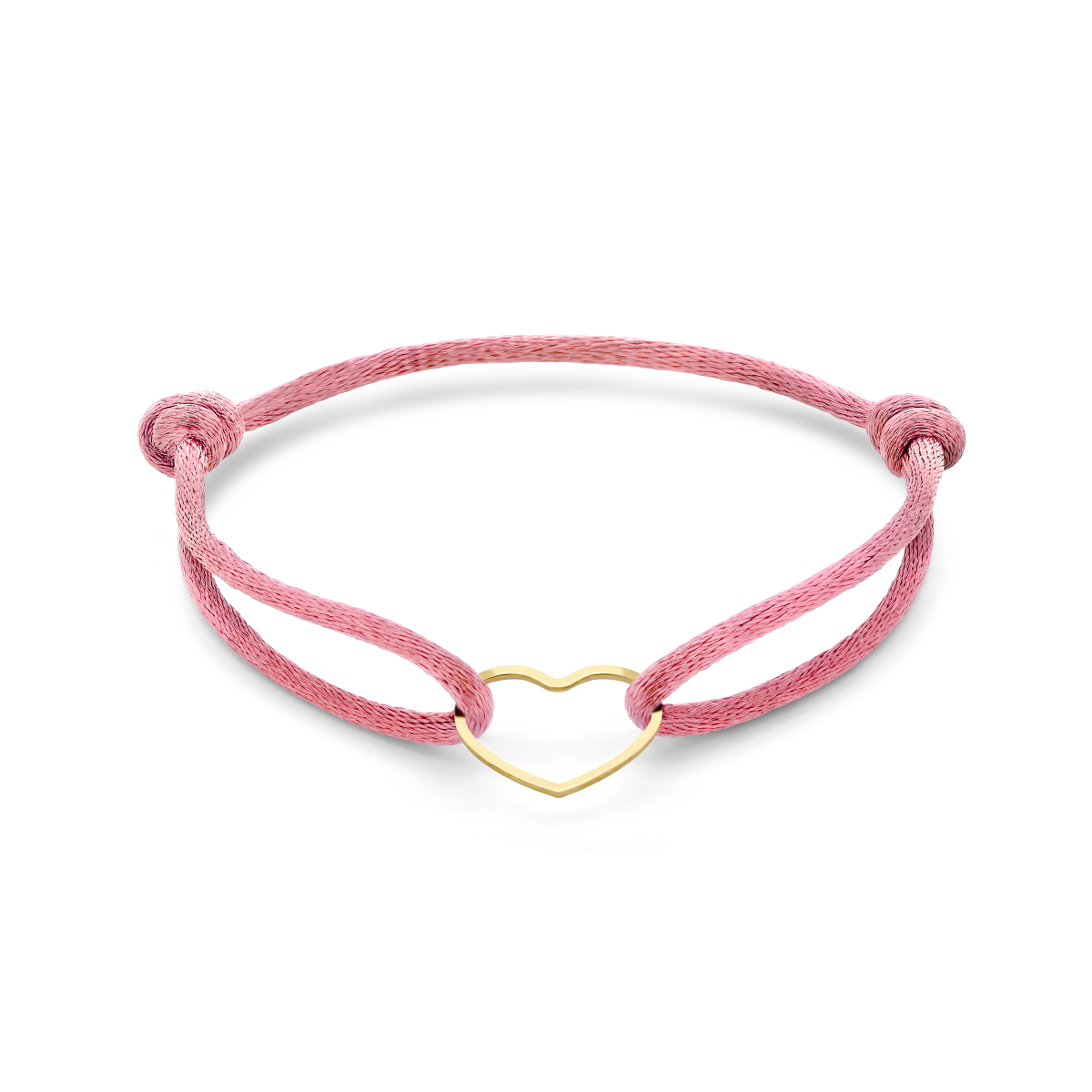 roze satijn armband + verguld hart 15.5mm
