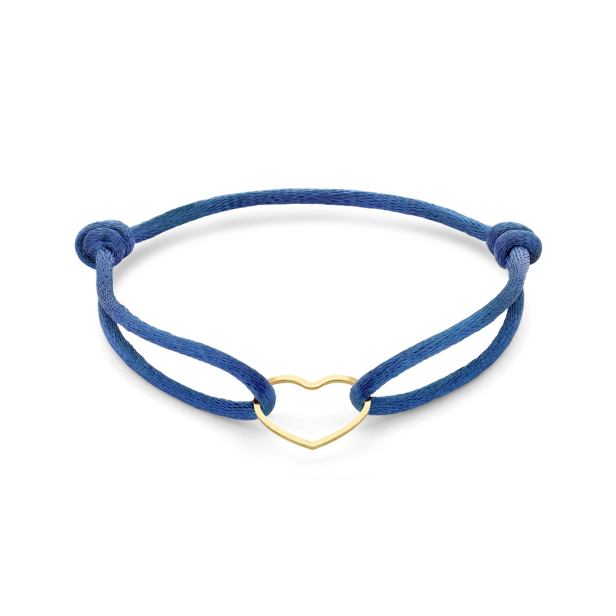 Blauw gevlochten armband uitgevoerd met geelgoud op 925 zilveren hartje. De armband heeft draaglengtes van 13 tot 26cm en het hartje heeft een afmeting van 12.5x15.5mm. Geen garantie op plating.