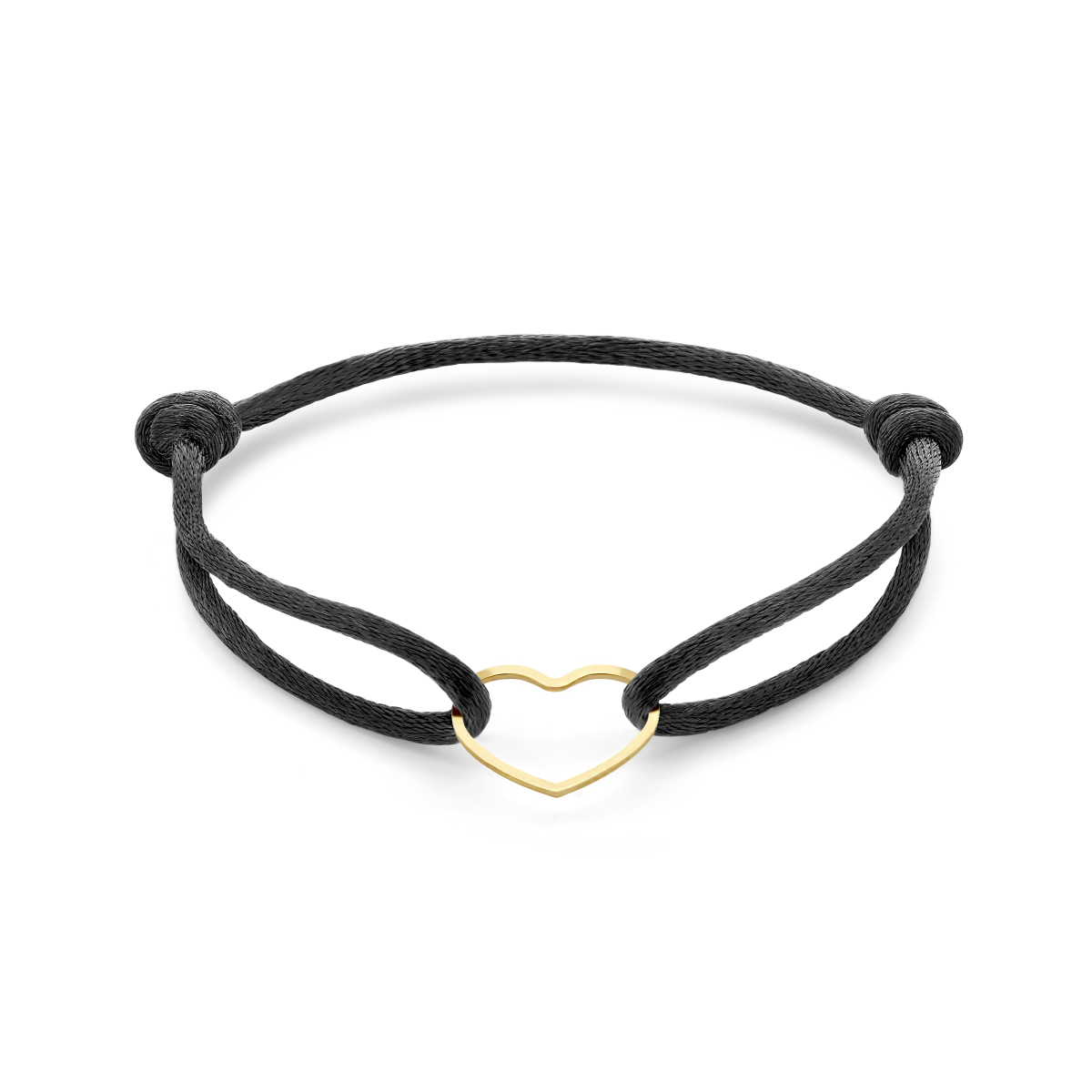 Zwart gevlochten armband uitgevoerd met geelgoud op 925 zilveren hartje. De armband heeft draaglengtes van 13 tot 26cm en het hartje heeft een afmeting van 12.5x15.5mm. Geen garantie op plating.