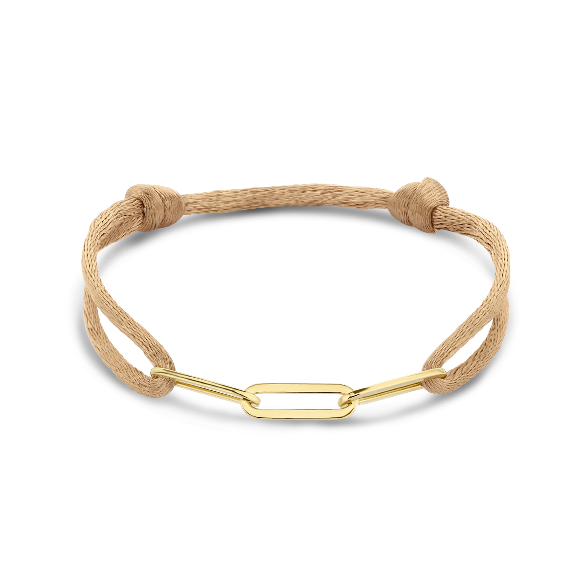 Caramel gevlochten armband uitgevoerd met een verguld op 925 zilveren element. De armband heeft draaglengtes van 13 tot 26cm. Het element heeft een afmeting van 40x5mm. Geen garantie op plating.
