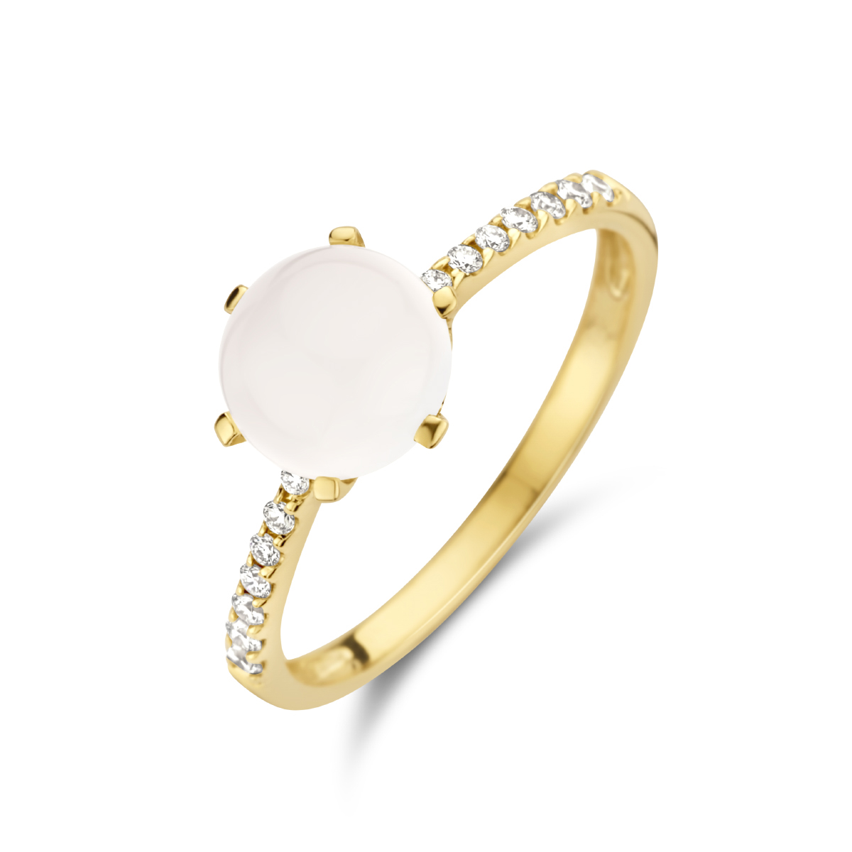 14k Geelgouden ring uitgevoerd een schitterende diamant rij en wit maansteen.
