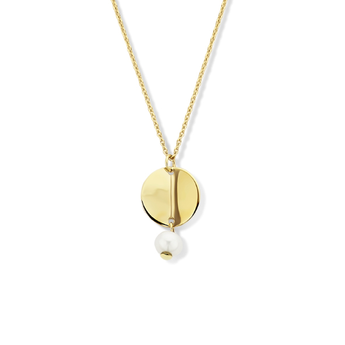 14k Geelgouden collier uitgevoerd met een rondje, een zoetwaterparel eneen karabijn sluiting. Het collier heeft draaglengte van 42 en 45cm. Het rondje heeft een diameter van 10mm.