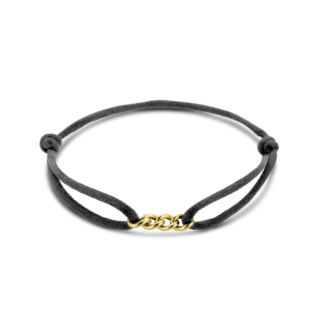 Zwart gevlochten armband uitgevoerd met een 14k geelgouden, schakelachtig element. De armband heeft draaglengtes van 13 tot 26cm.