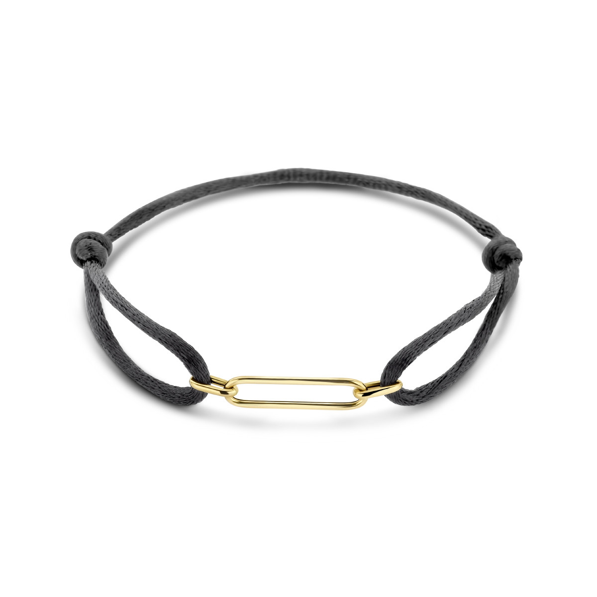 Zwart gevlochten armband uitgevoerd met een 14k geelgouden, schakelachtig element. De armband heeft draaglengtes van 13 tot 26cm.