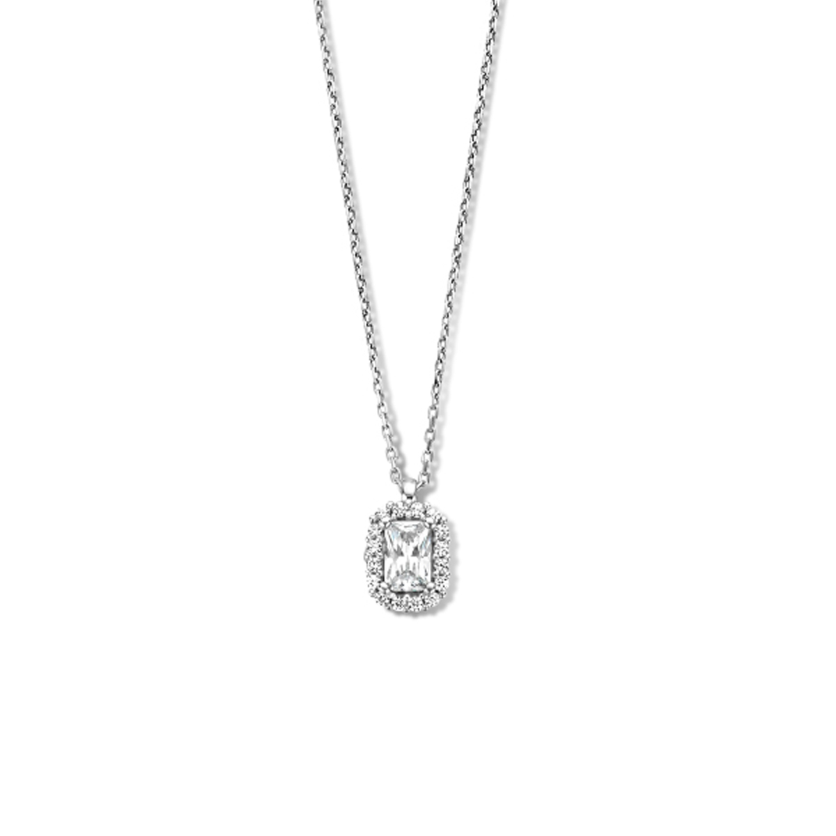 Gerhodineerd 925 zilveren collier uitgevoerd met schitterende zirkonia. Het collier heeft een draaglengte van 41cm en een extensie van 4cm.