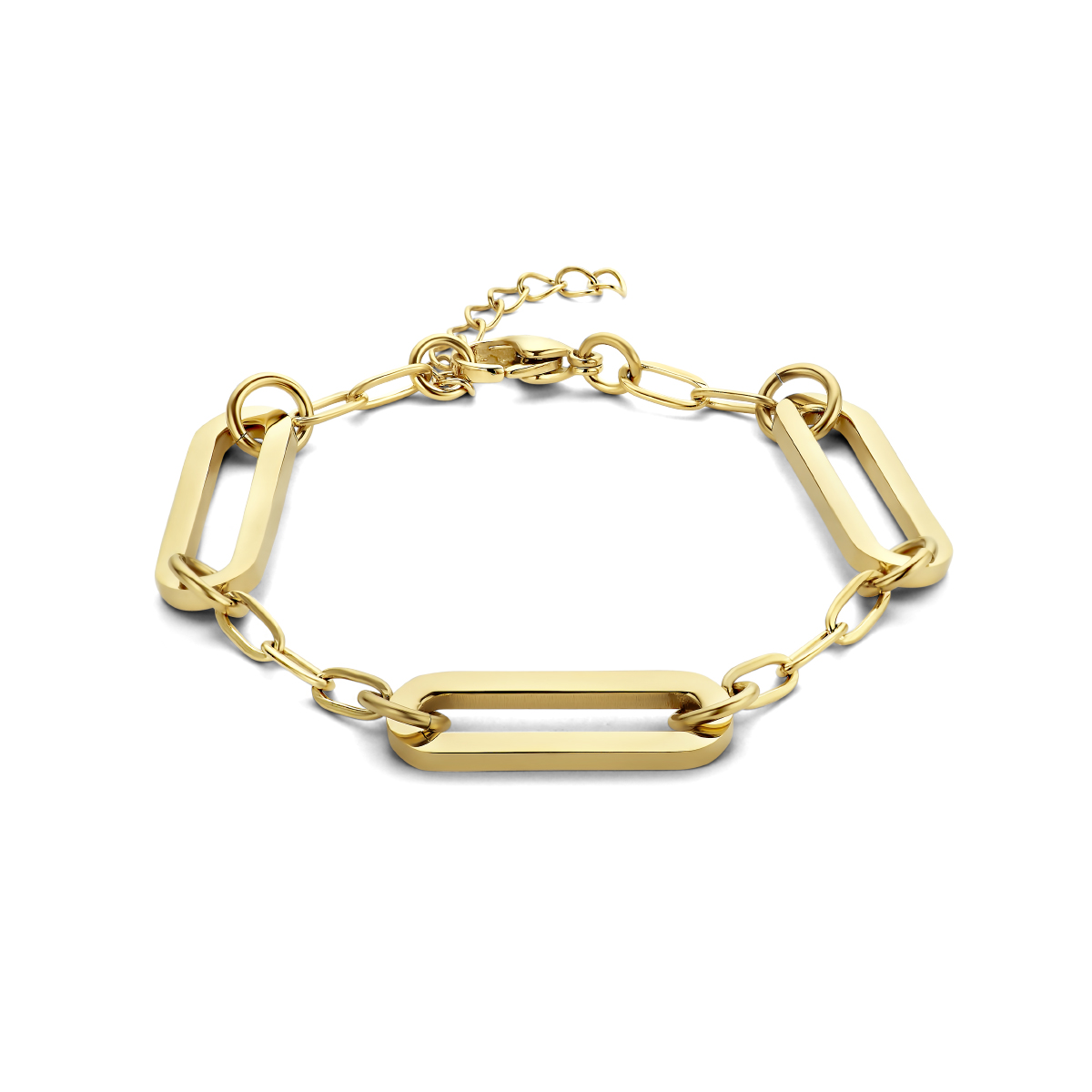 Stalen paperclip armband met een goudkleurige ion plating en schakelbreedtes van 3.5 en 8mm. De armband heeft een draaglengte van 16cm met een extensie van 3cm en karabijn sluiting.