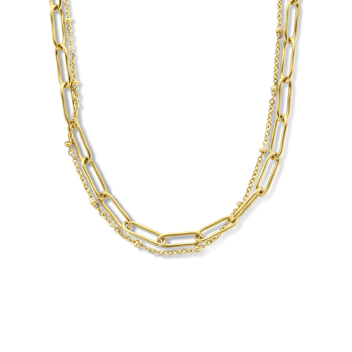 Stalen collier met een goudkleurige ion plating en een karabijn sluiting. Het collier heeft een draaglengte van 43cm met een extensie van 3cm. Geen garantie op de plating.