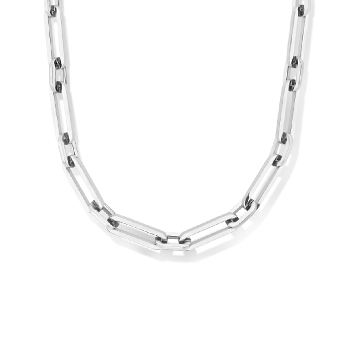 Stalen paperclip collier uitgevoerd met een karabijn sluiting en een schakelbreedte van 8mm. Het collier heeft een draaglengte van 43cm met een extensie van 3cm.