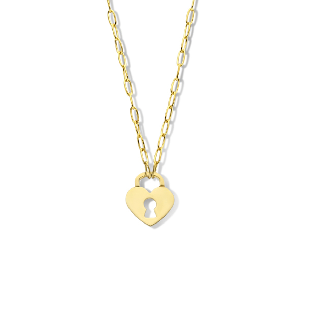 Geelgoud op 925 zilveren collier uitgevoerd met een hartjes slot en een karabijn sluiting. Het collier heeft een draaglengte van 42cm. Geen garantie op de plating.