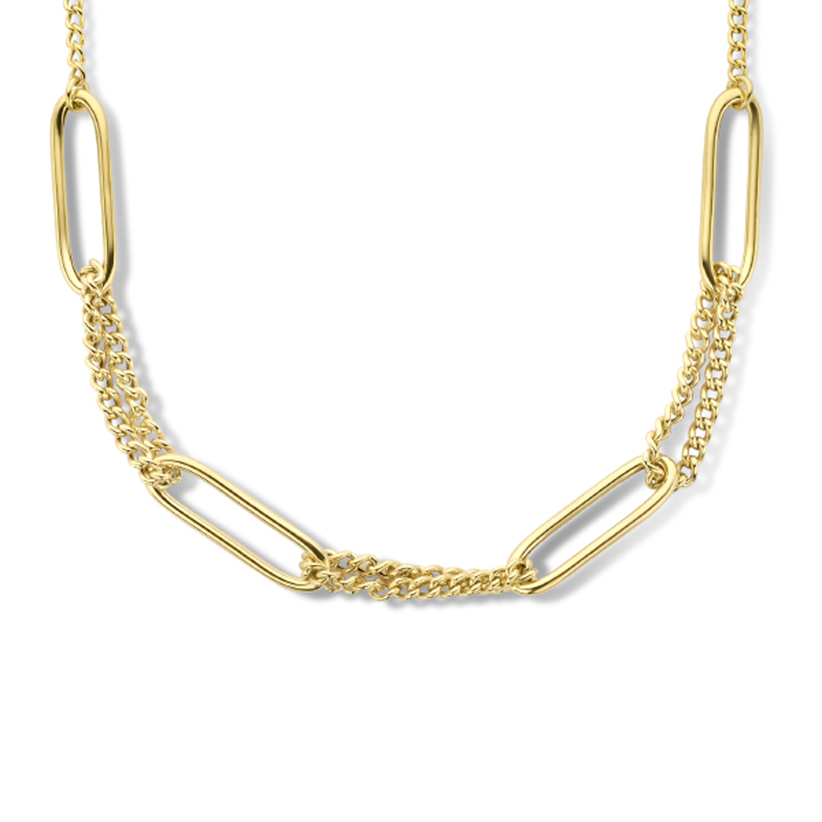 Geelgoud op 925 zilveren collier uitgevoerd met een paperclip schakel van 7.8mm, gourmette schakel van 2.8mm en een karabijn sluiting. Het collier heeft een draaglengte van 42cm en een extensie van 3cm. Geen garantie op de plating.