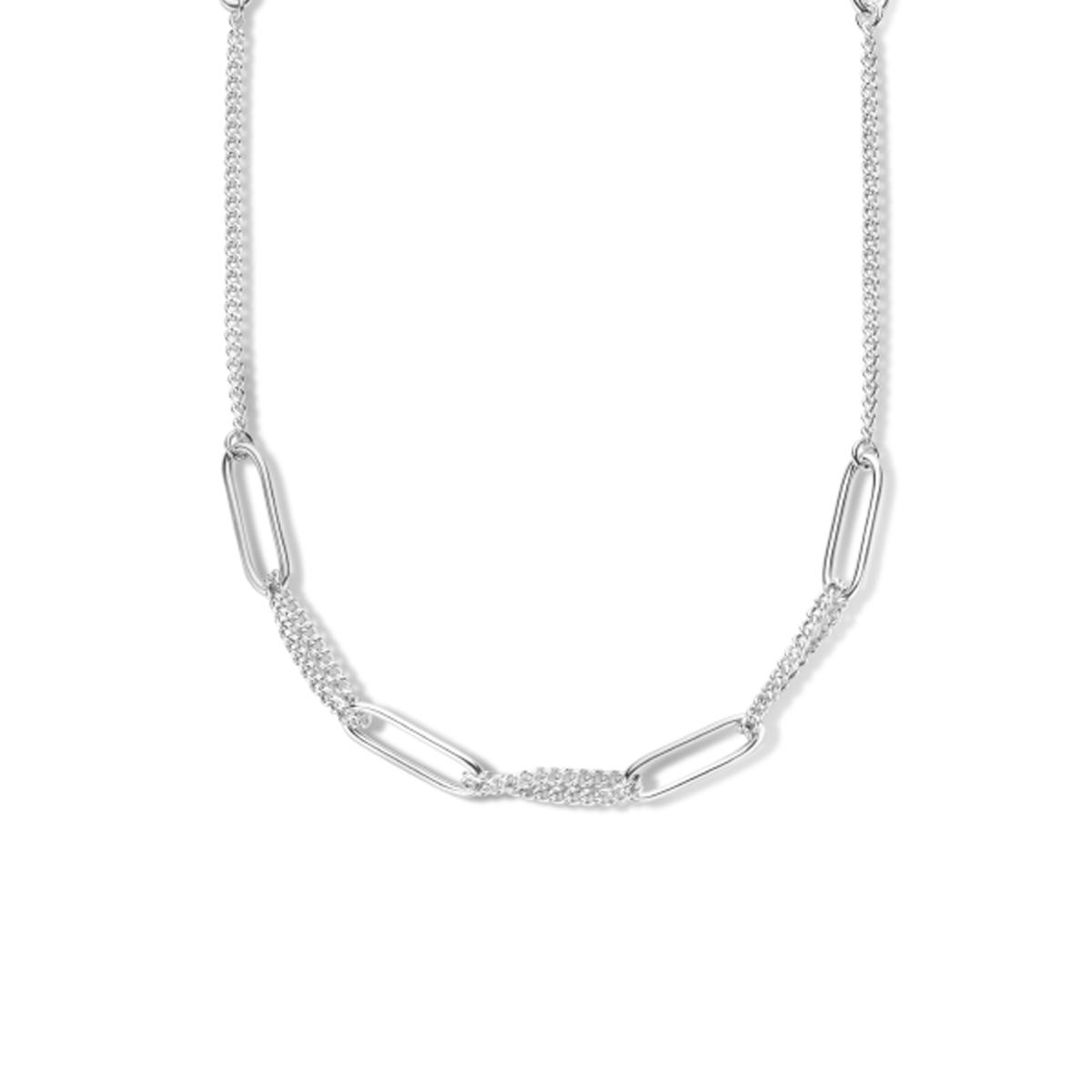 Gerhodineerd 925 zilveren collier uitgevoerd met een paperclip schakel van 7.2mm, gourmette schakel van 2.8mm en een karabijn sluiting. Het collier heeft een draaglengte van 82cm.