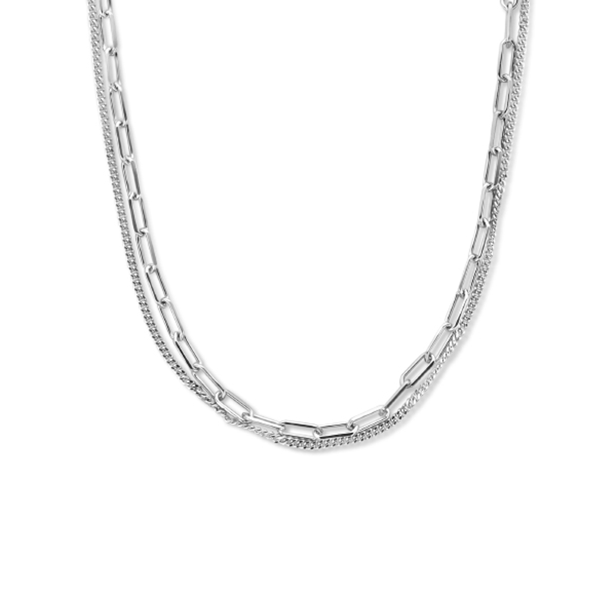 Gerhodineerd 925 zilveren collier uitgevoerd met een paperclip schakel van 2.8mm, gourmette schakel van 1,5mm en een karabijn sluiting. Het collier heeft een draaglengte van 42cm en een extensie van 3cm.
