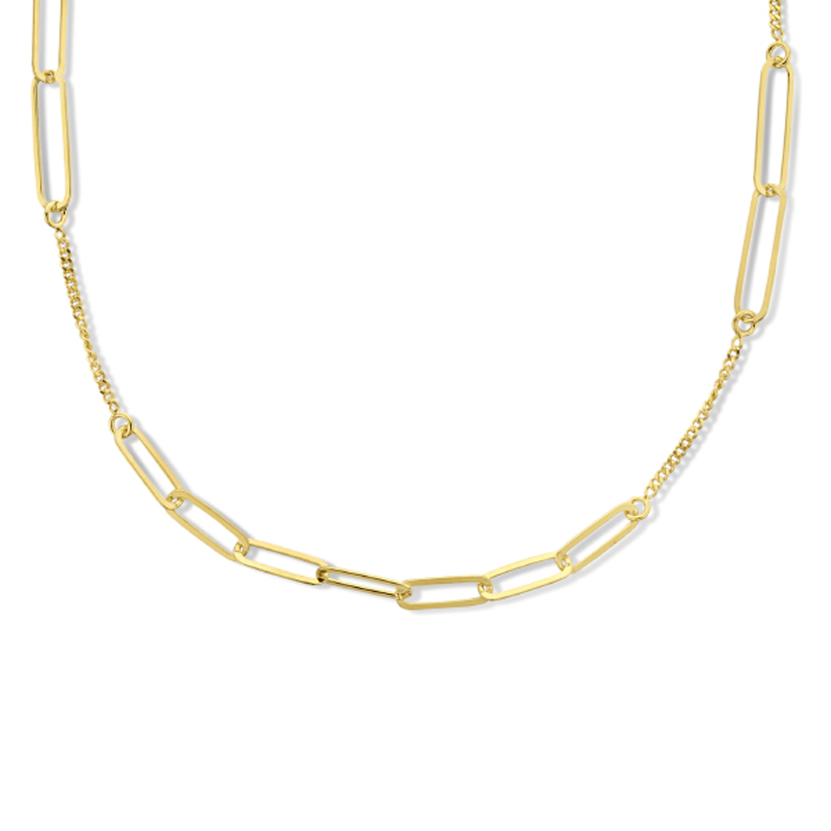 Geelgoud op 925 zilveren collier met een paperclip schakel van 3.7mm en een gourmette schakel van 1.4mm. Het collier heeft een draaglengte van 42cm met een extensie van 3cm. Uitgevoerd met een karabijn sluiting. Geen garantie op plating.
