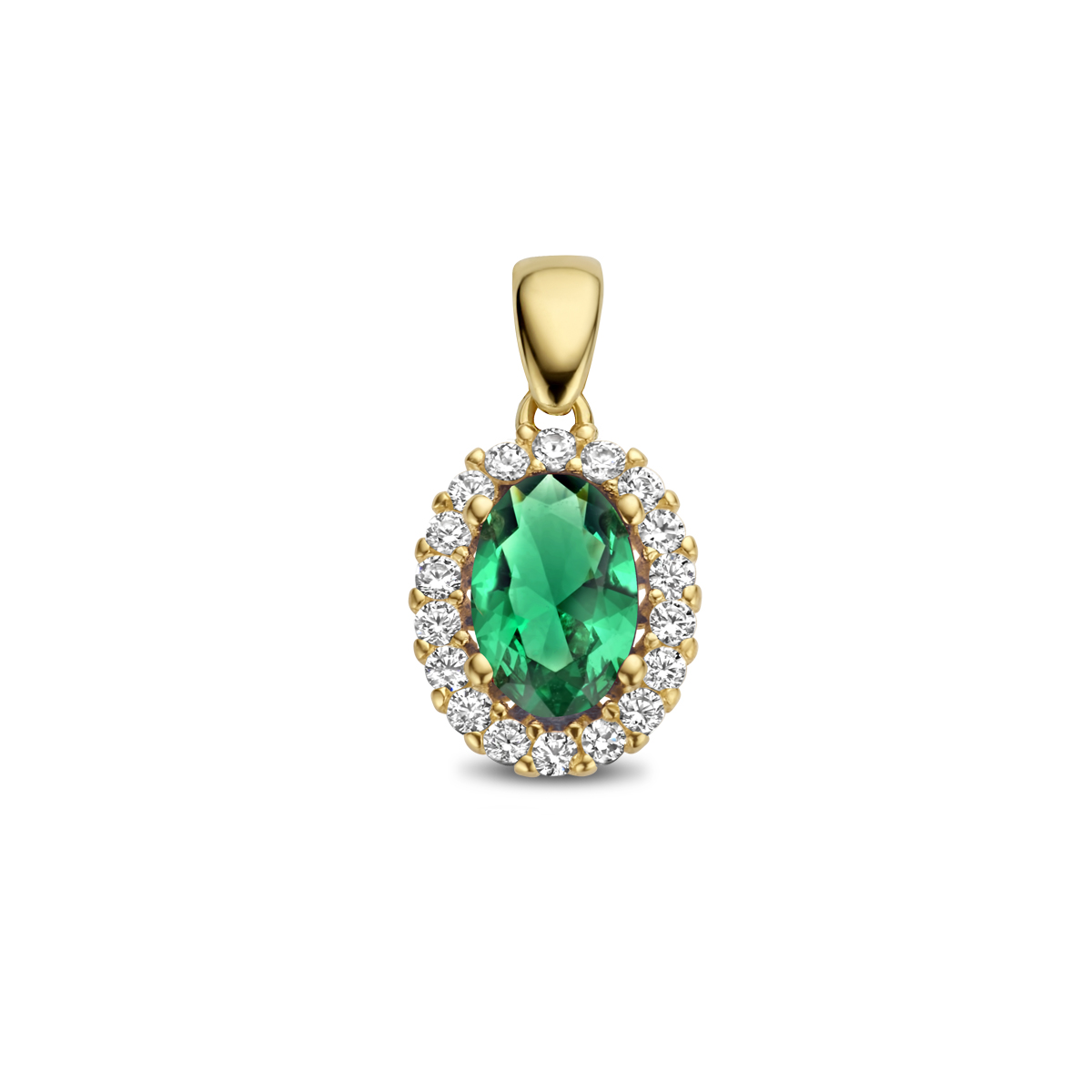 14k Geelgouden hanger uitgevoerd met schitterende groene zirkonia. De hanger heeft een totale hoogte van 1.3cm.