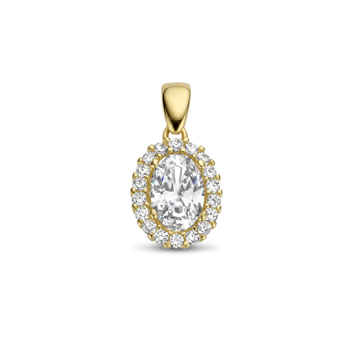 14k Geelgouden hanger uitgevoerd met zirkonia. De hanger heeft een totale hoogte van 1.3cm.
