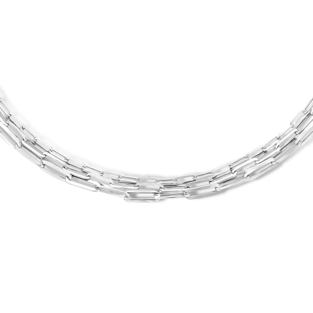 Gerhodineerd 925 zilveren collier uitgevoerd met 3 paperclip schakels van: 2.8, 3.3 en 4mm. Het collier heeft een draaglengte van 41cm en een extensie van 4cm.