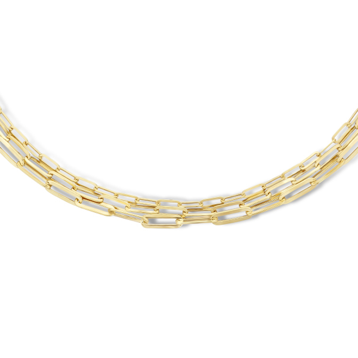Geelgoud op 925 zilveren collier uitgevoerd met 3 paperclip schakels van: 2.8, 3.3 en 4mm. Het collier heeft een draaglengte van 41cm en een extensie van 4cm. Geen garantie op plating.