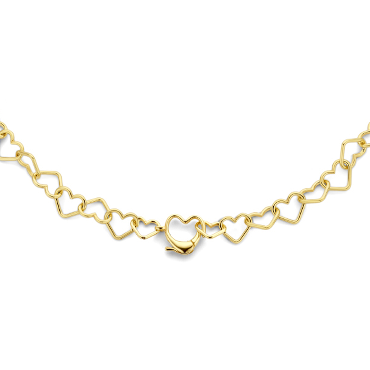 Geelgoud op 925 zilveren collier uitgevoerd met een hartvormige schakel van 7.5x9.5mm. Het hartvormige slot heeft een afmeting van 11x12mm. Het collier heeft een draaglengte van 45cm. Geen garantie op plating.