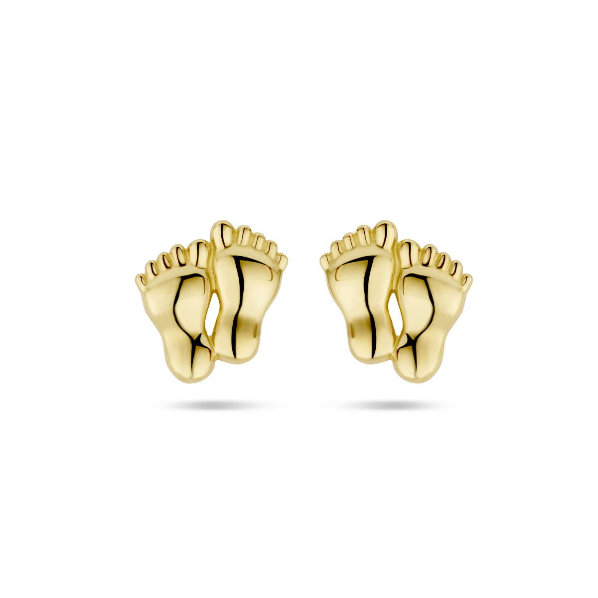 14k Geelgouden oorknoppen met een voeten voorstelling. De oorknoppen hebben een afmeting van 7x6.5mm.