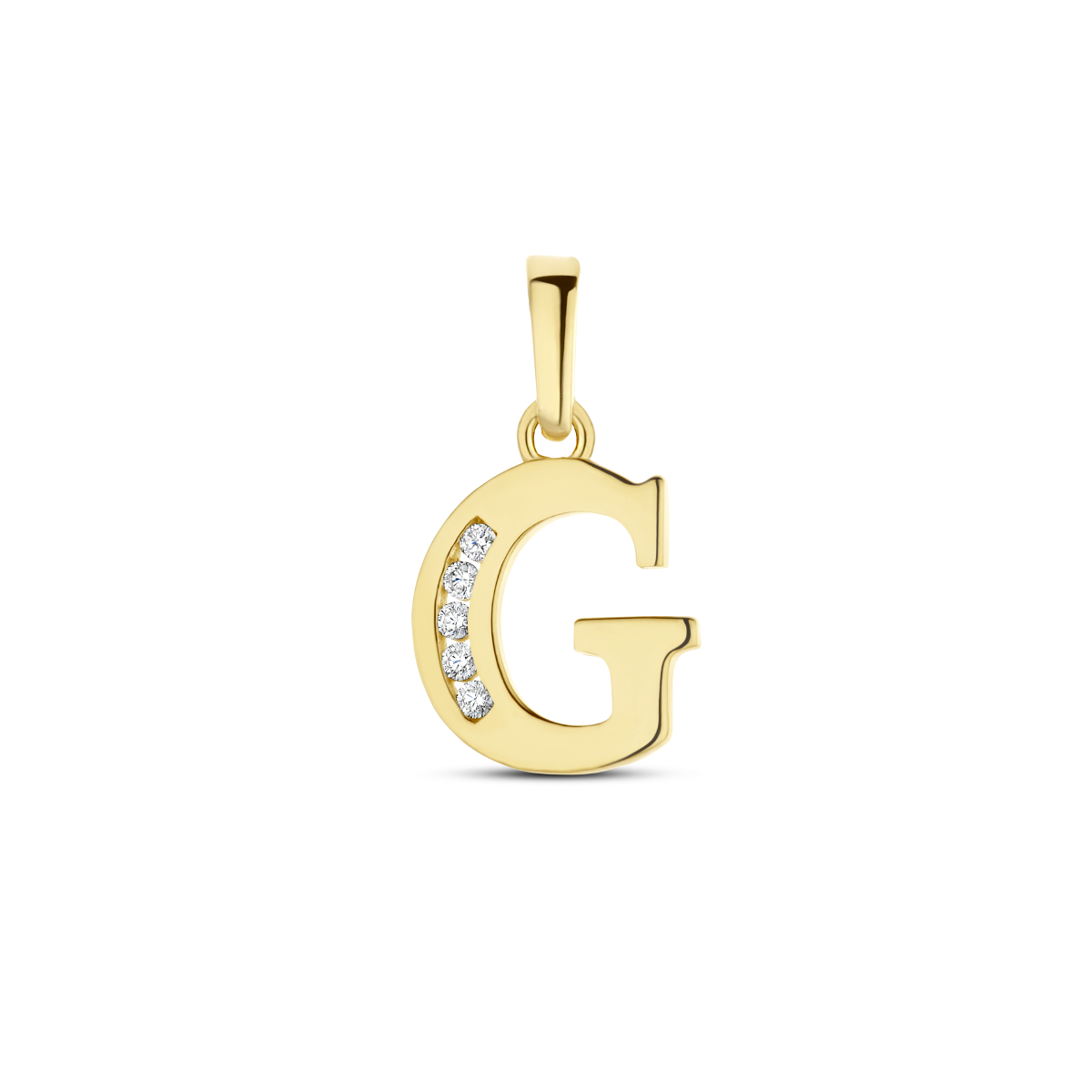14k Geelgouden hanger in de vorm van een letter. Uitgevoerd met heldere zirkonia.