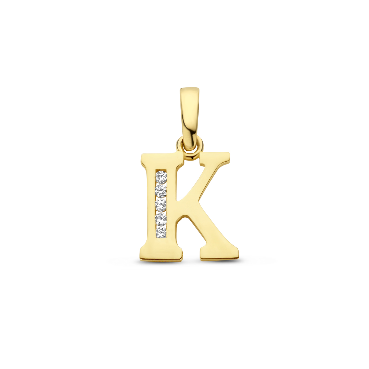 14k Geelgouden hanger in de vorm van een letter. Uitgevoerd met heldere zirkonia.
