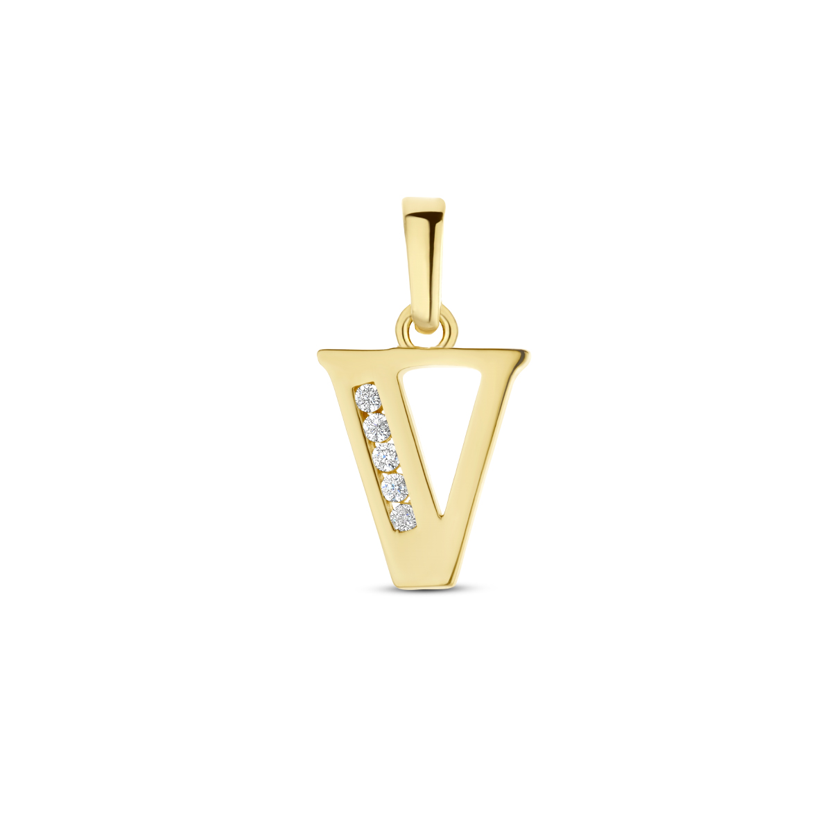 14k Geelgouden hanger in de vorm van een letter. Uitgevoerd met heldere zirkonia.