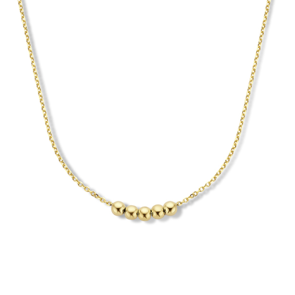 14k Geelgouden collier uitgevoerd met bolletjes en draaglengtes van 42 en 45cm. Het collier heeft een schakelbreedte van 1mm.