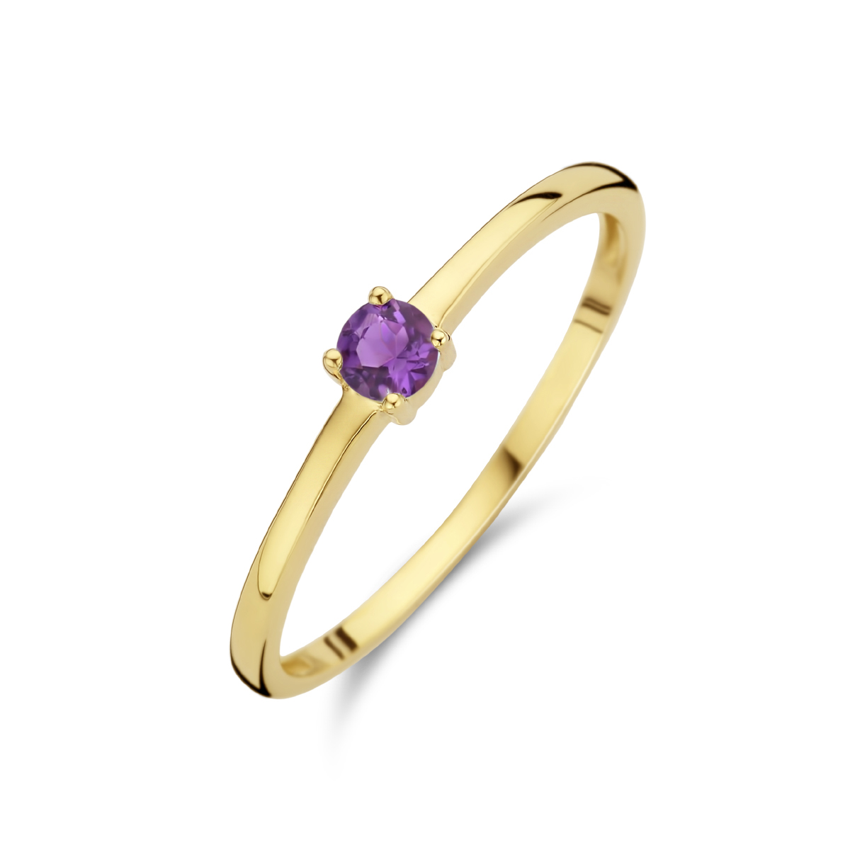14k Geelgouden ring uitgevoerd met een schitterende amethist. De ring heeft een breedte van 3mm.