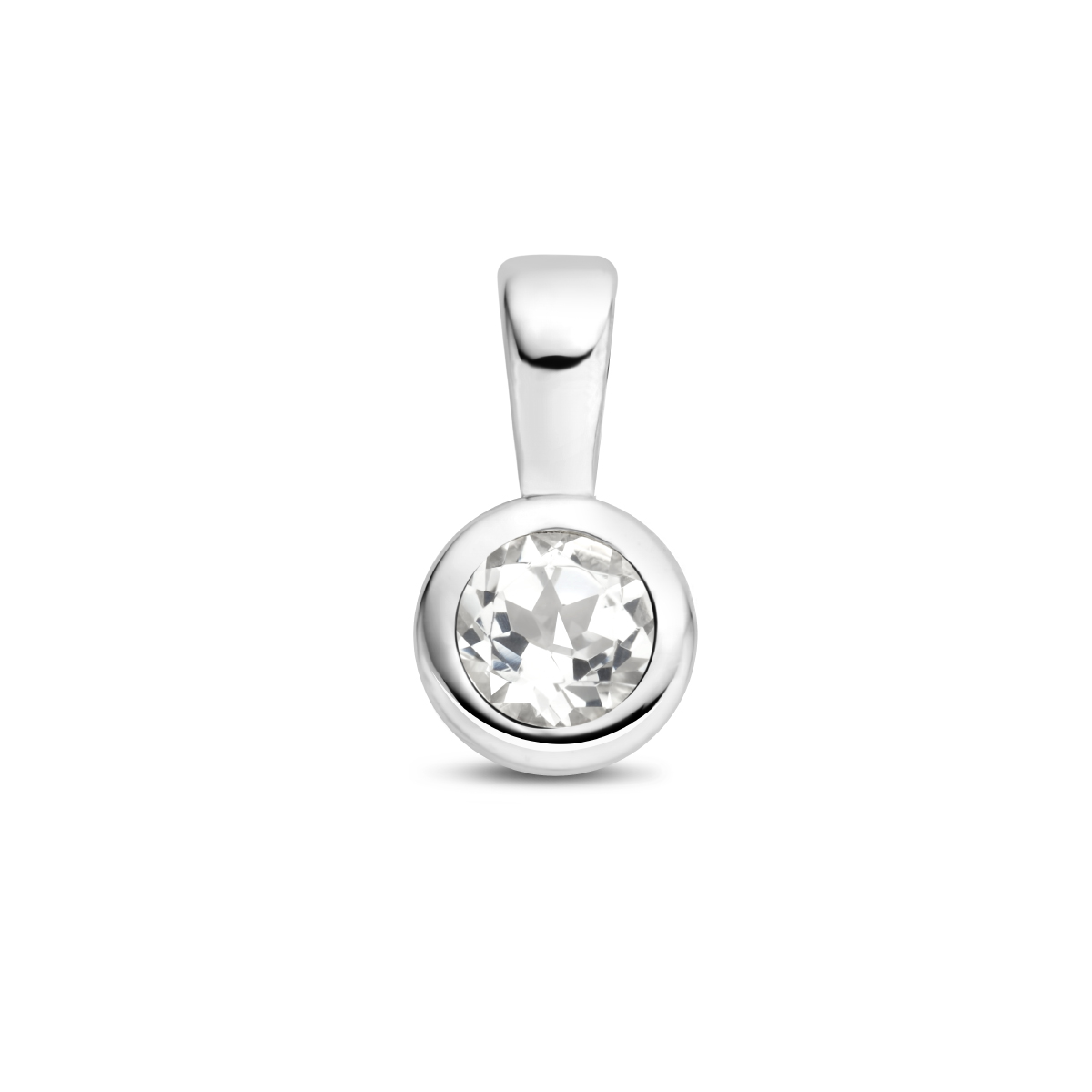 Gerhodineerd 925 geboortesteen zilveren hanger uitgevoerd met een wit topaas. De hanger heeft een afmeting van 11x5.5mm. De wit topaas heeft een steengewicht van 0.32ct.