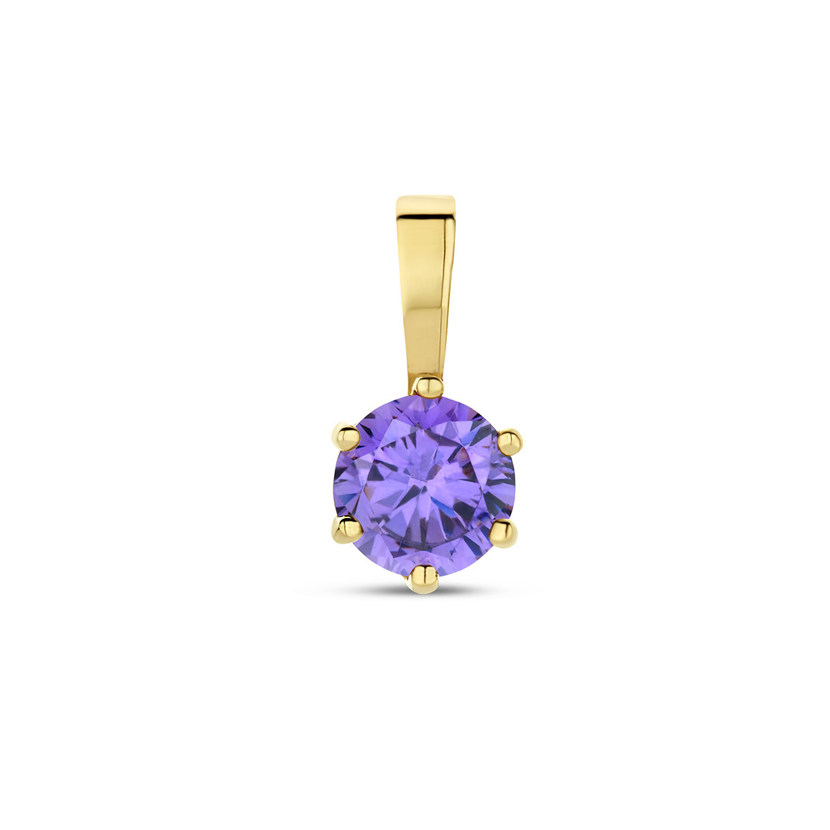 14k Geelgouden geboortesteen hanger uitgevoerd met een schitterende zirkonia amethyst. De hanger heeft een afmeting van 9x4.5mm.