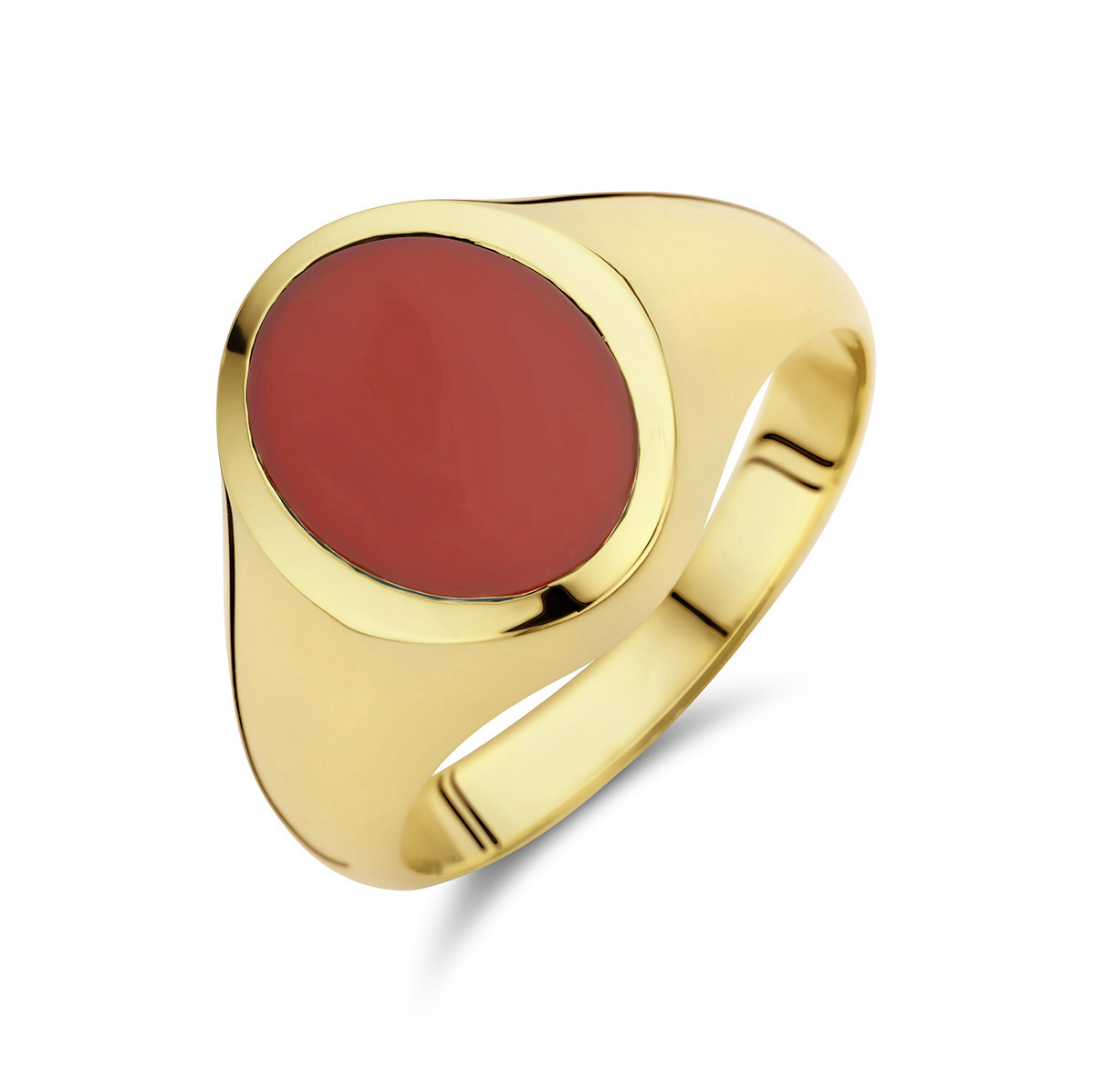 14k Geelgouden ring uitgevoerd met een schitterende carneool. De ring heeft een afmeting van 13.5x11mm. De carneool heeft een steengewicht van 1.67ct.