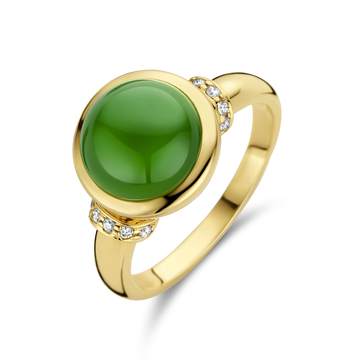 14k Geelgouden ring uitgevoerd met een groen agaat en diamanten. De groen agaat heeft een steengewicht van 3.59ct.