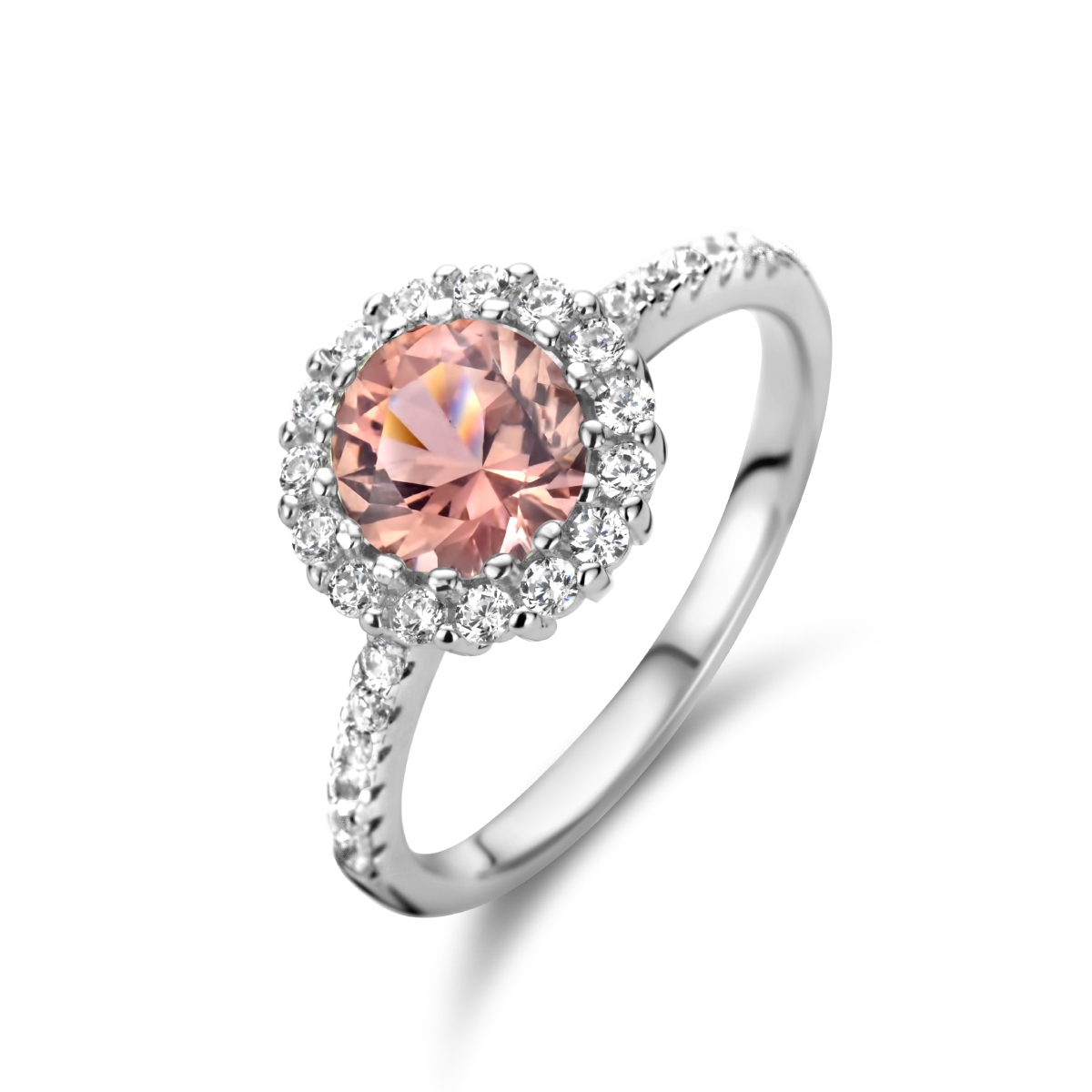 Gerhodineerd zilveren ring uitgevoerd met synthetische morganiet en zirkonia.