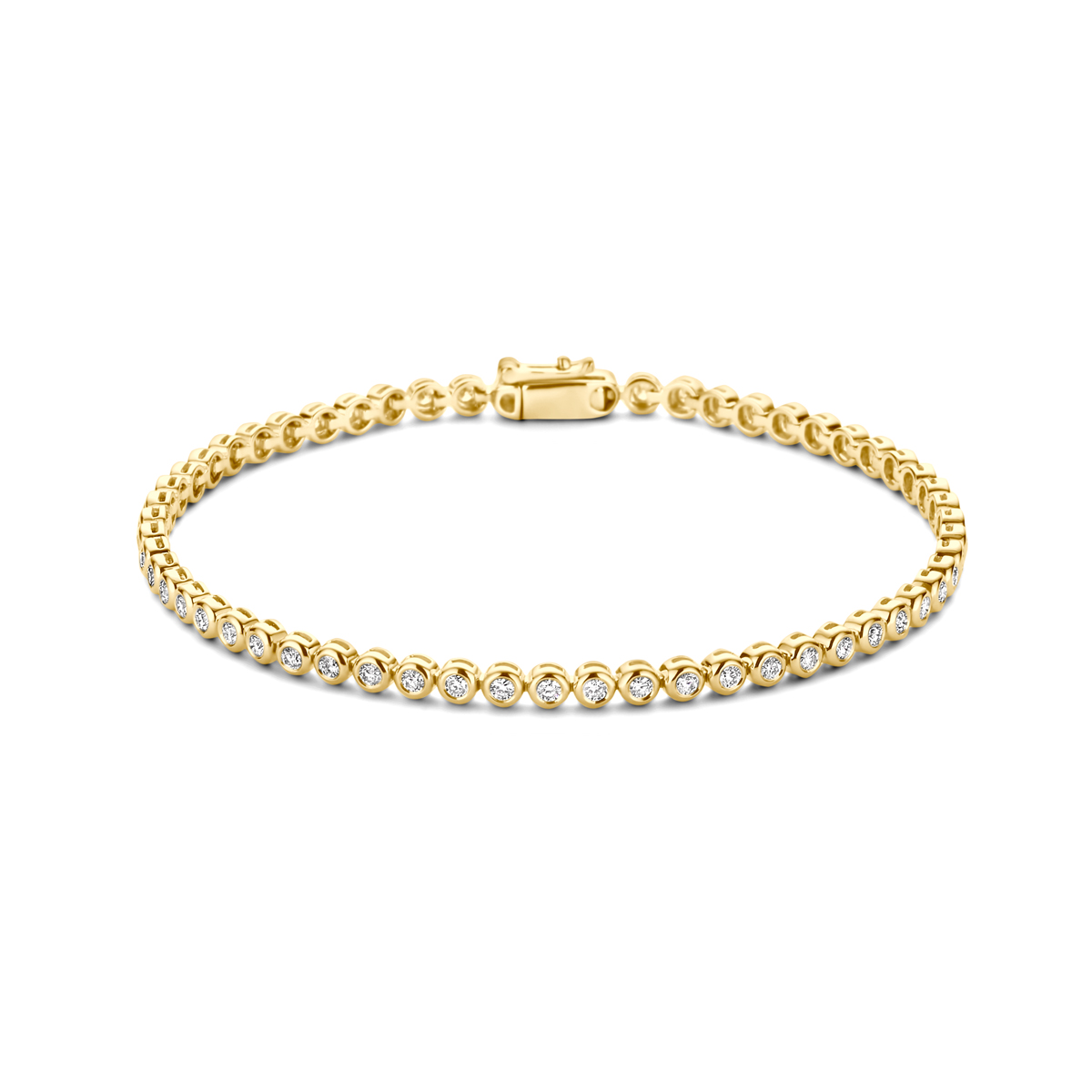 14kt. Geelgouden Tennisarmband diamant 2,9 mm
Lengte: 18 cm 
Diamant: 1.00ct G/Si

Deze elegante 14k geelgouden armband heeft een draaglengte van 18cm en een schakelbreedte van 2.9mm. De armband is uitgevoerd met schitterende briljant geslepen diamanten in de kleur fijn wit.