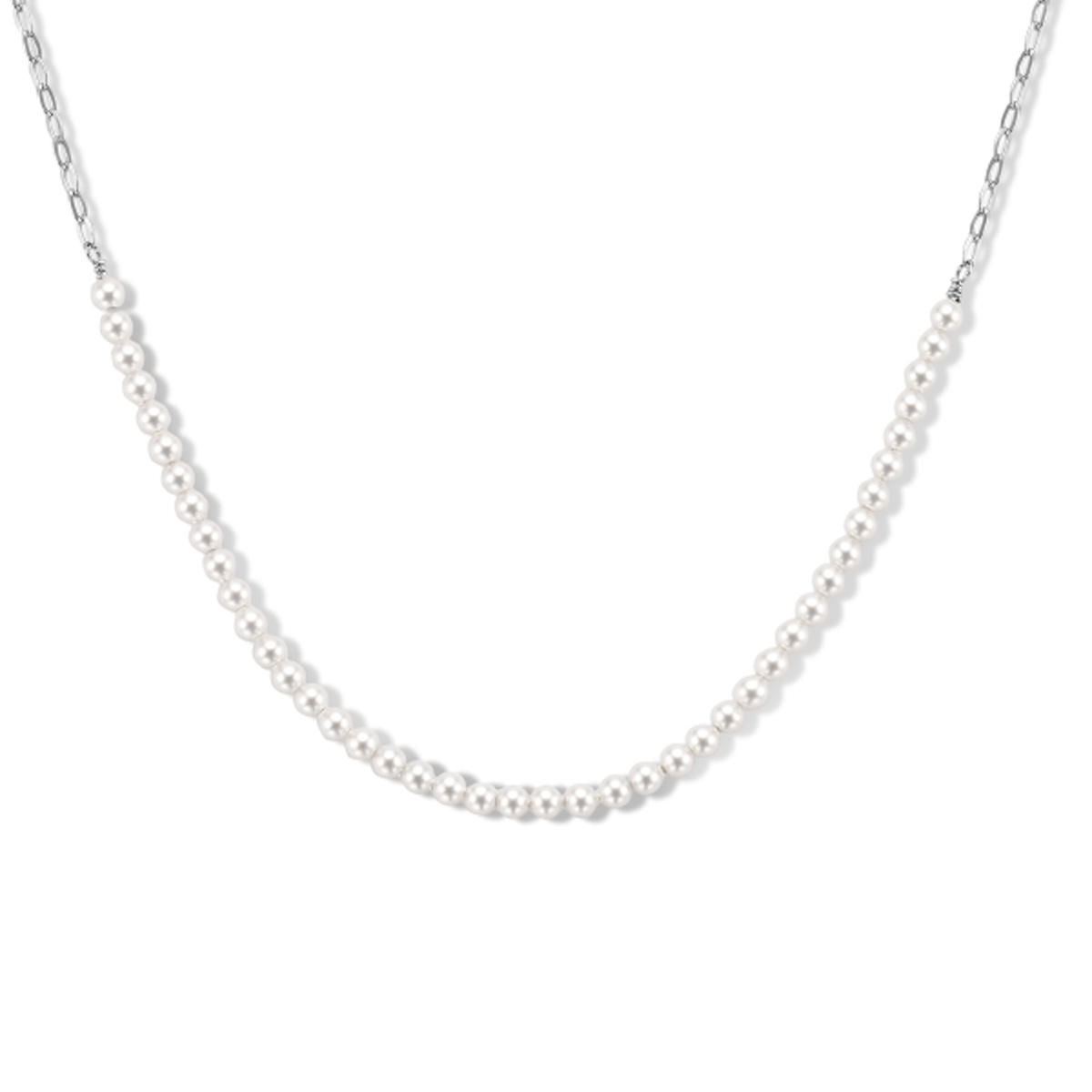 Gerhodineerd 925 zilveren collier uitgevoerd met synthetische parels van 3mm en een karabijn sluiting. De schakelbreedte is 1.9mm.&nbsp;