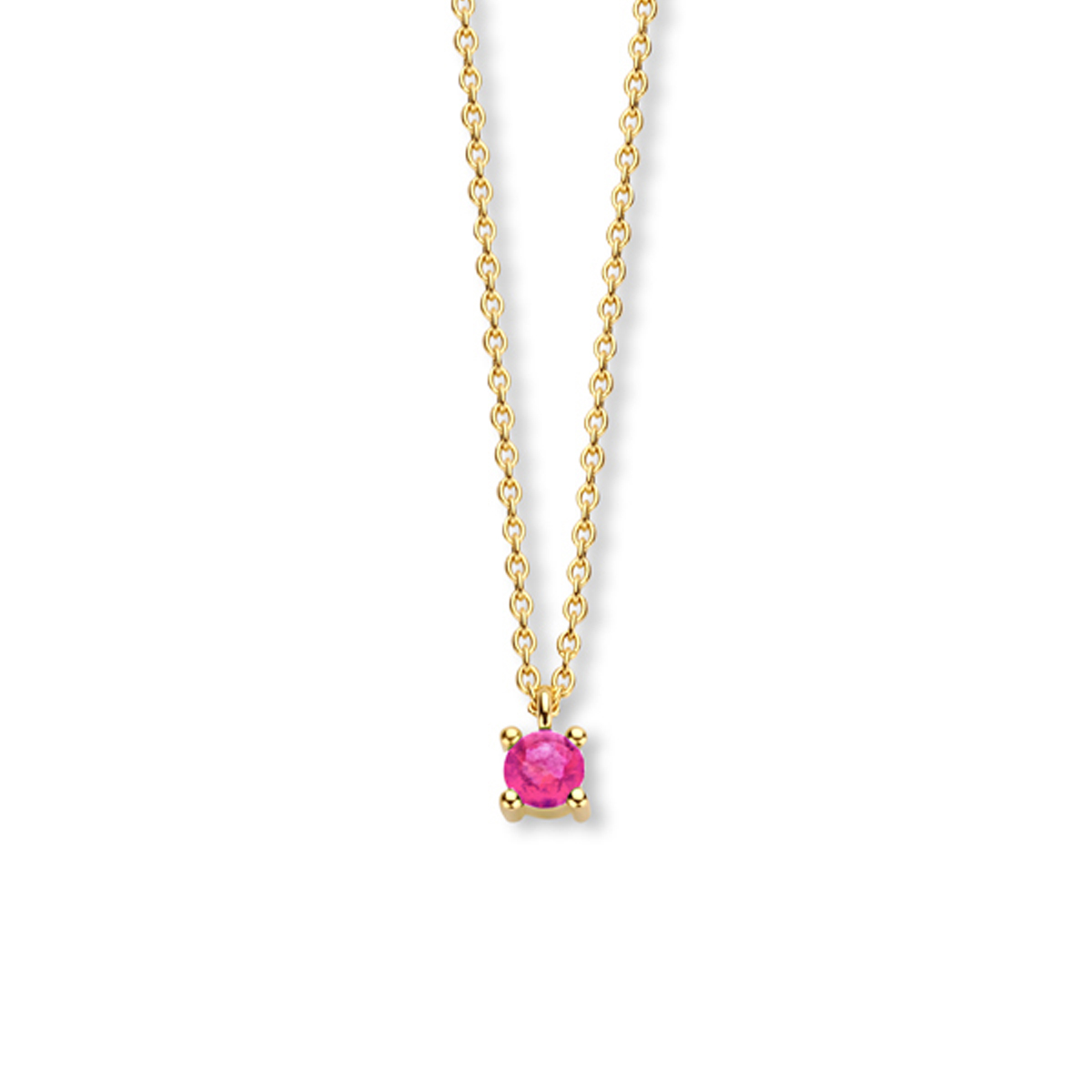 14k Geelgouden collier met een roze toermalijn geboortesteen. De roze toermalijn heeft een steengewicht van 0.18ct. Het collier heeft draaglengtes van 40, 42 en 44cm. De schakelbreedte is 1.0mm.