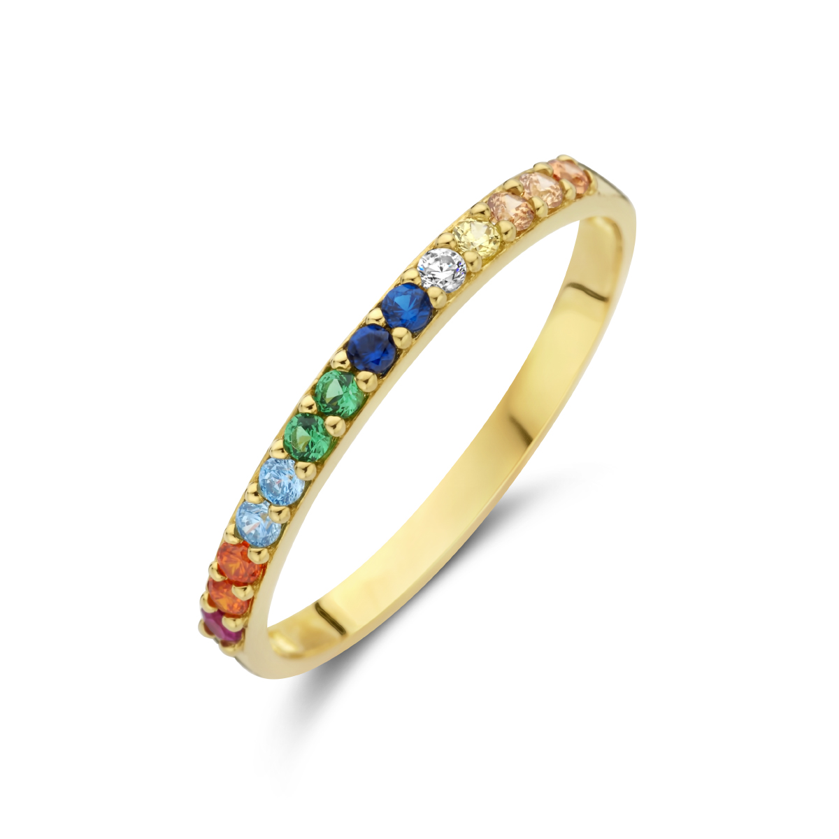 14k Geelgouden ring uitgevoerd met gekleurde zirkonia.