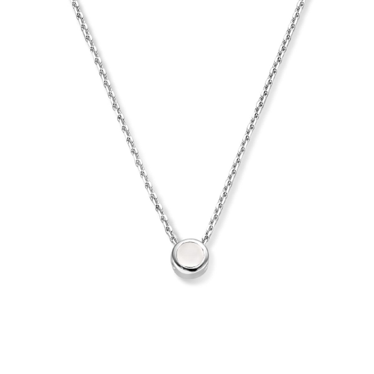 Gerhodineerd 925 zilveren collier uitgevoerd met een schitterende maansteen. Het collier heeft een draaglengte van 41cm met 4cm extensie. De schakelbreedte is 1.1mm.