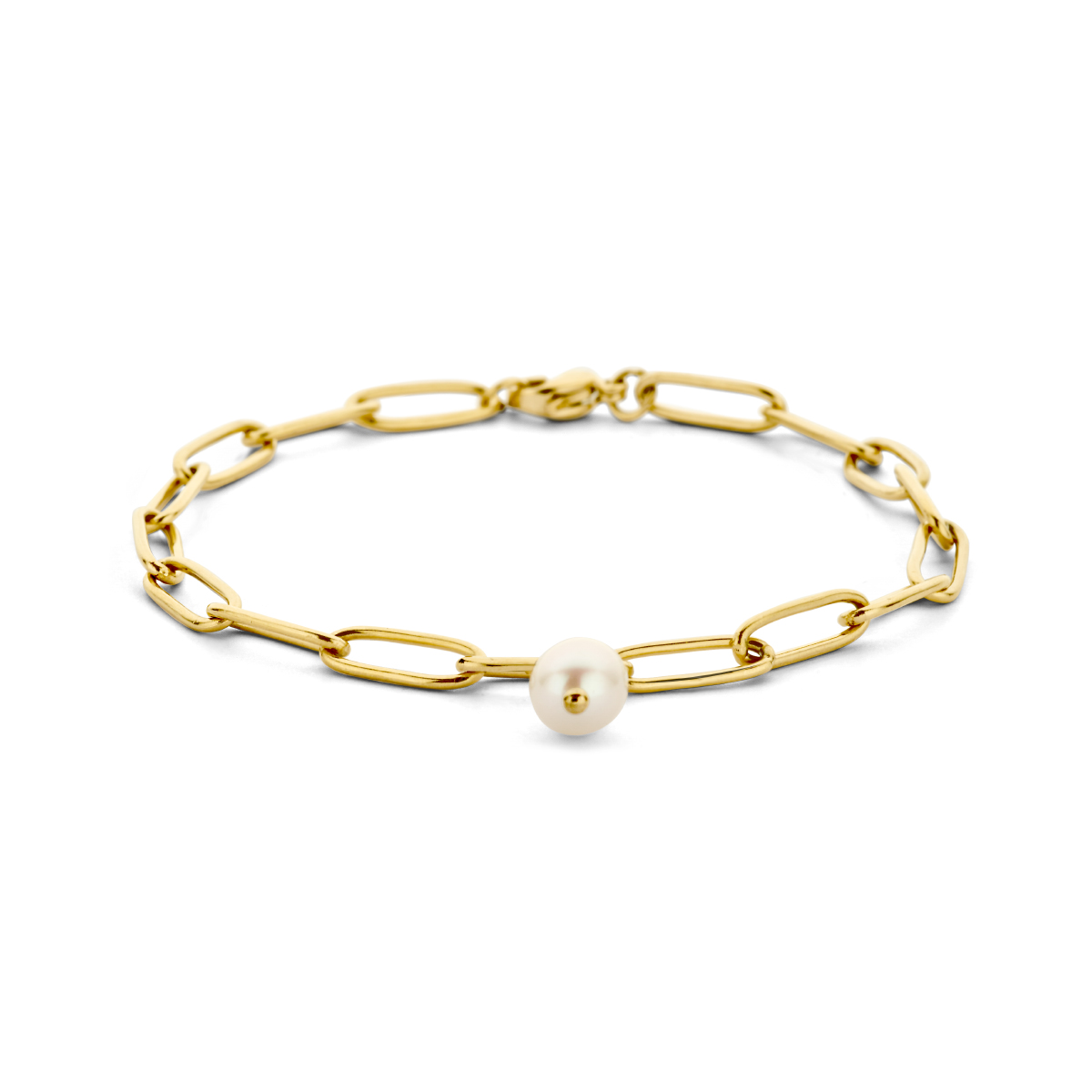 Stalen armband uitgevoerd met schitterende synthetisch parel. De armband heeft een draaglengte van 18.5cm en schakelbreedte van 4.3mm.