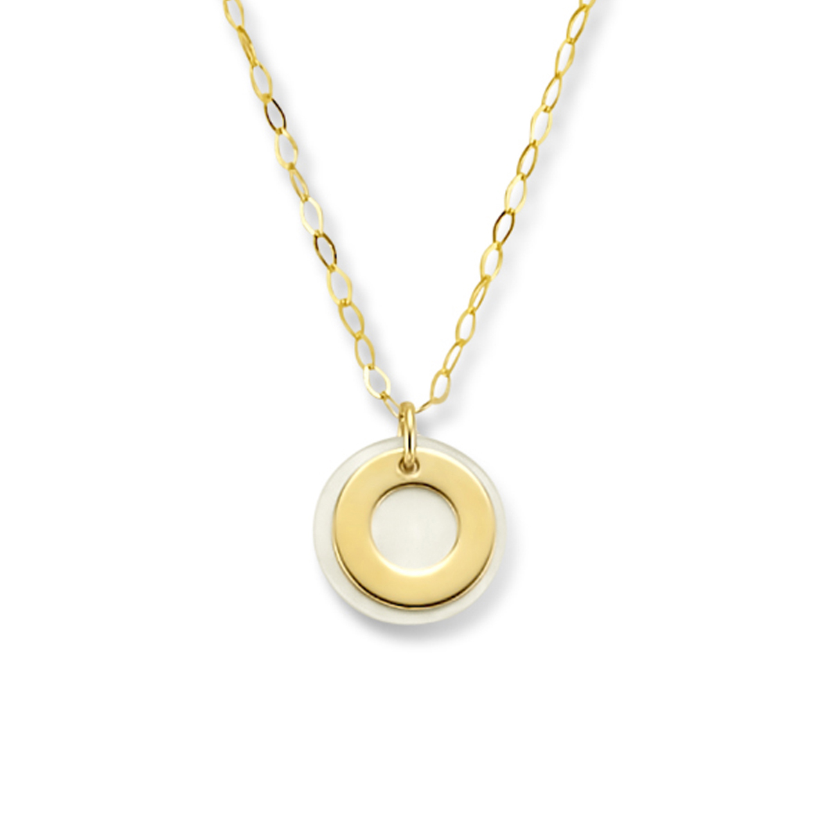 14k Geelgouden collier uitgevoerd met twee rondjes en parelmoer. Het collier heeft een schakelbreedte van 1.2mm en een karabijnsluiting.&nbsp;