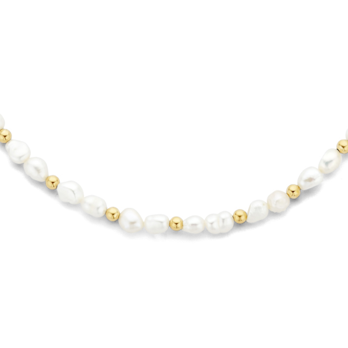 Geelgoud op 925 zilveren collier uitgevoerd met schitterende zoetwaterparels. Het collier heeft een draaglengte van 41cm met 5cm extensie. Geen garantie op plating.
