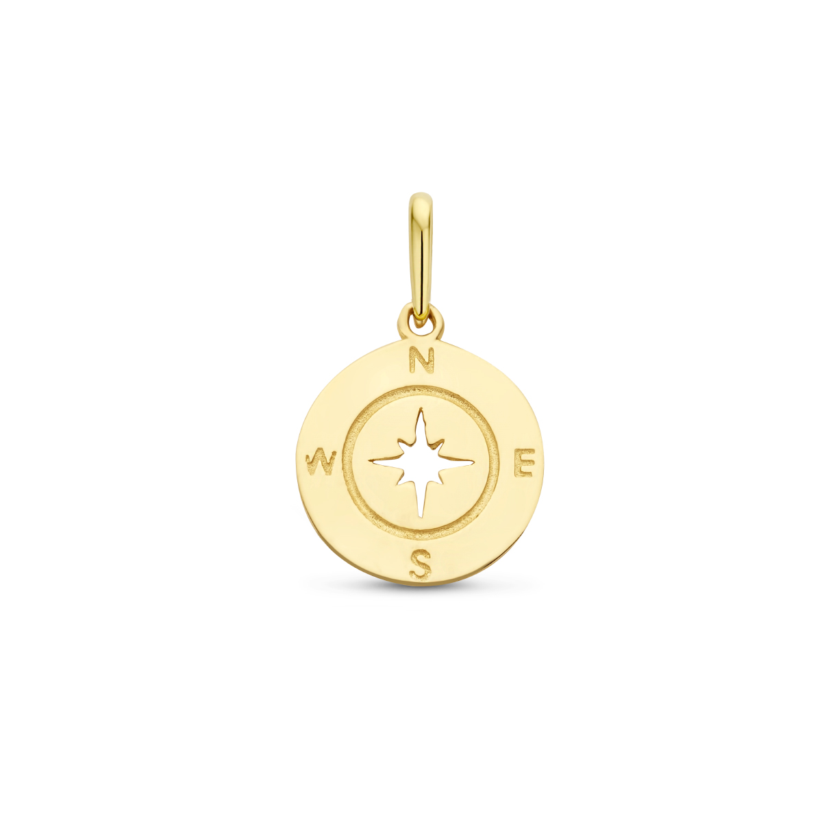 14k Geelgouden ronde hanger met een kompas voorstelling. De hanger heeft een totale hoogte van 1.8cm.