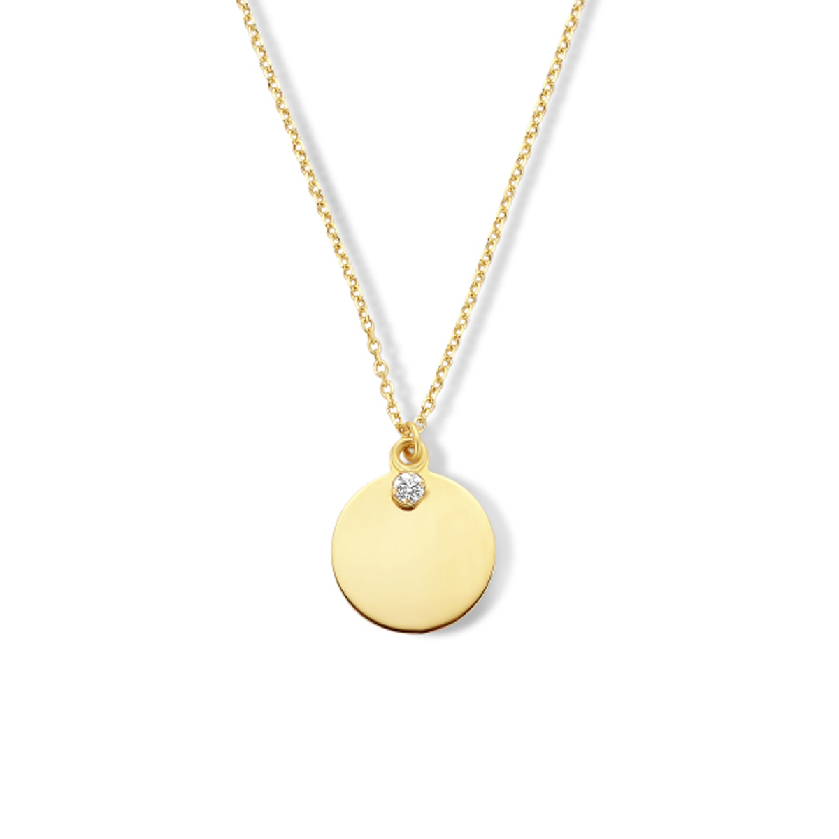 14k Geelgouden collier uitgevoerd met een ronde hanger van 11.5mm en een hangertje met schitterende zirkonia. De schakelbreedte is 1mm. De dikte van de plaat is 0.3mm.