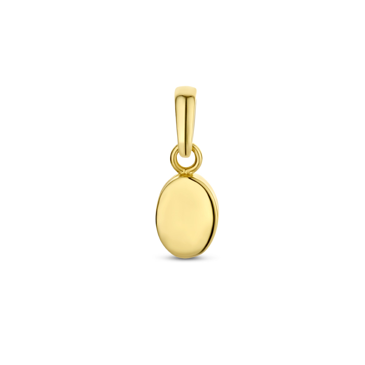 14k Geelgouden graveerhanger in de vorm van ovaal. De hanger heeft een totale hoogte van 1.3cm. De dikte van de plaat is 0.3mm.
