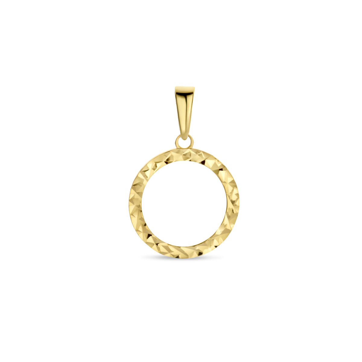 14k Geelgouden ronde hanger met een totale hoogte van 1.9cm.
