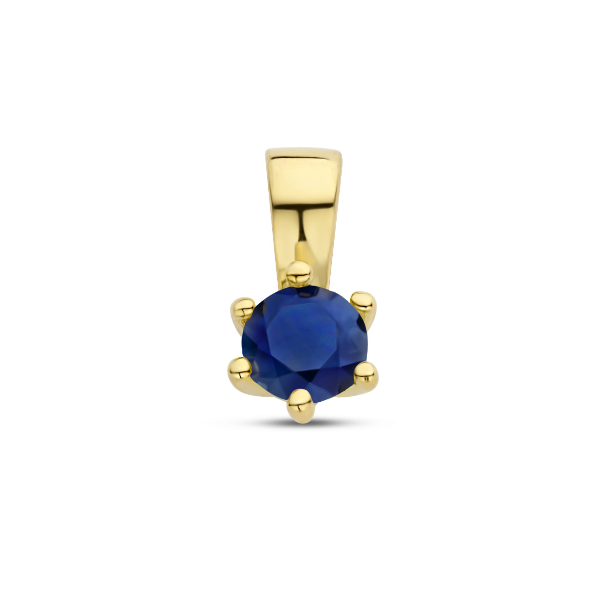 Zilver vergulde hanger met geboortesteen van september uitgevoerd met een schitterende blauwe saffier. De hanger heeft een afmeting van 10x5mm. Geen garantie op plating.