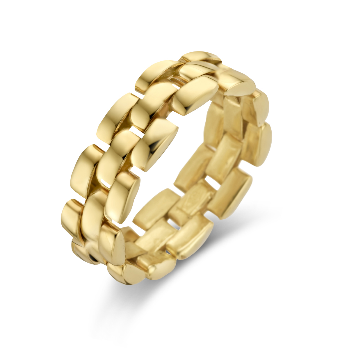 14k Geelgouden ring met een schakelmotief. De ring heeft een breedte van 6mm.