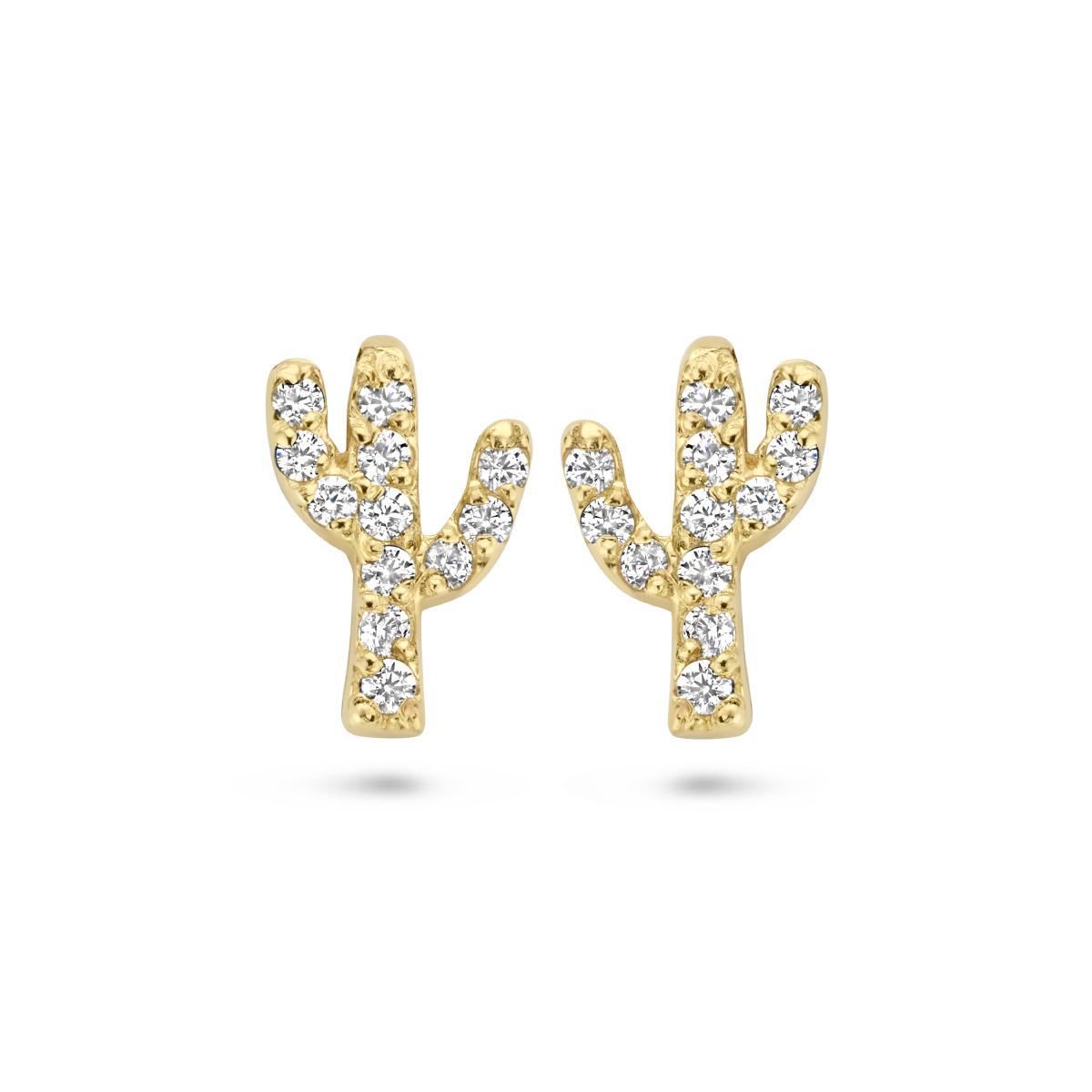 14k Geelgouden oorknoppen uitgevoerd in de vorm van een cactus en met schitterende zirkonia. De oorknoppen hebben een afmeting van 8x5mm.
