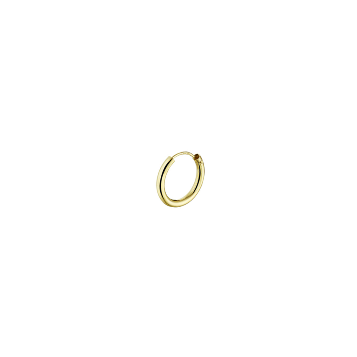 14k Geelgouden oorring met een ronde buis en een scharnier-sluiting. Deze oorsieraden worden per stuk verkocht ipv per paar.