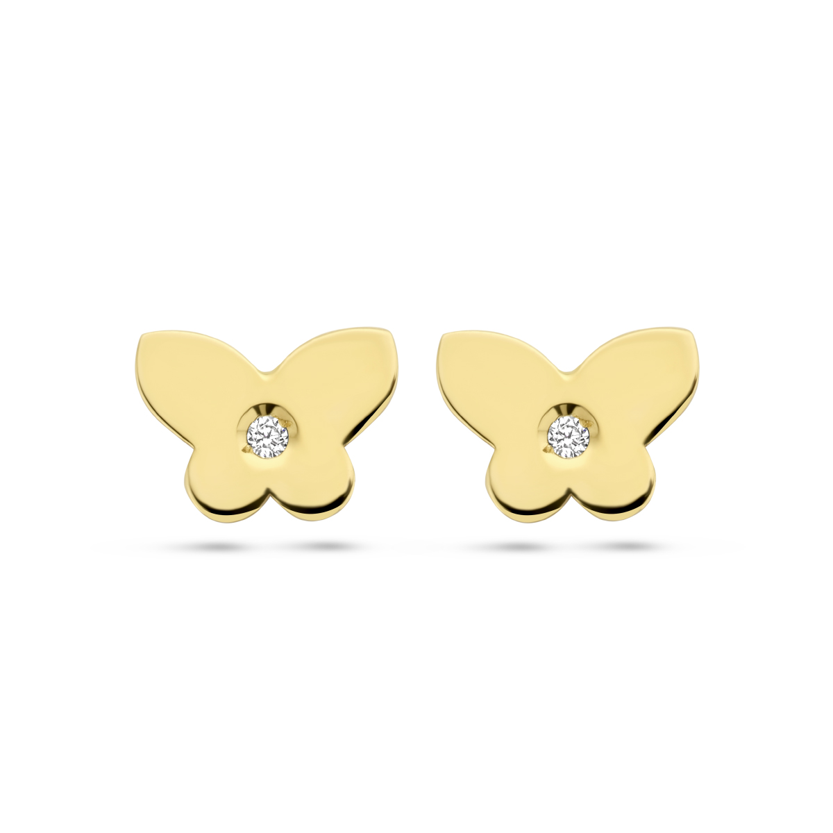 14k Geelgouden oorknoppen in de vorm van een vlinder uitgevoerd met zirkonia. De oorknoppen hebben een afmeting van 4.5x6.5mm.